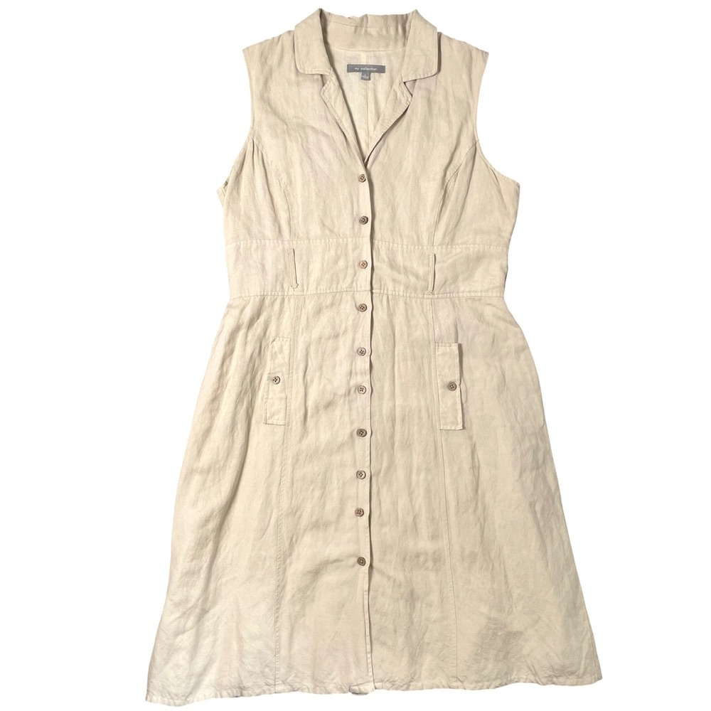 NY Collection Linen Blend Midi Dress Beige Minimal Coastal Cottage Womens Large